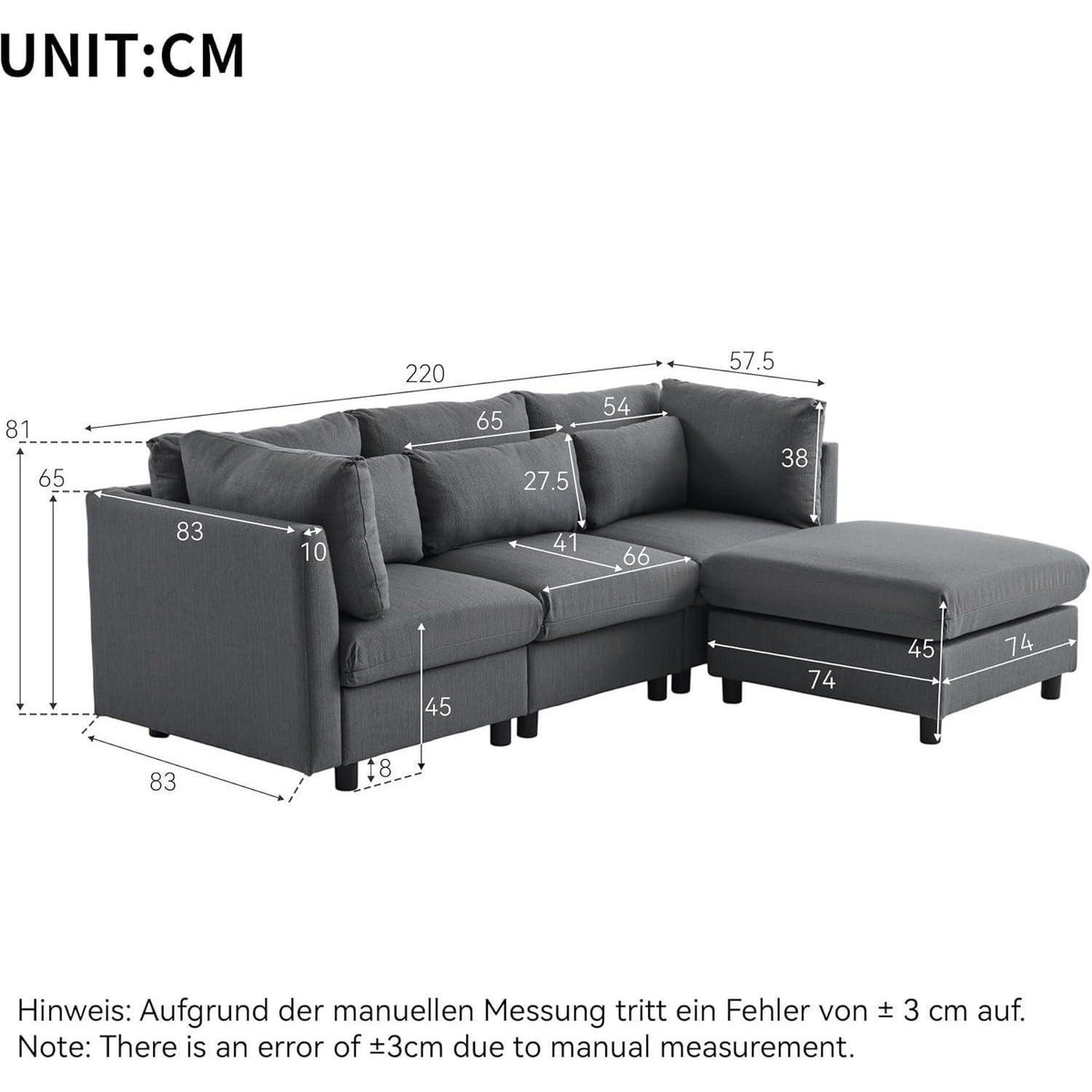 Graues Ecksofa 220cm mit Fußhocker & Lendenkissen