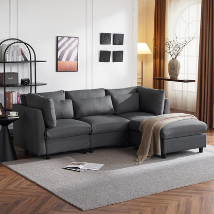 Graues Ecksofa 220cm mit Fußhocker & Lendenkissen