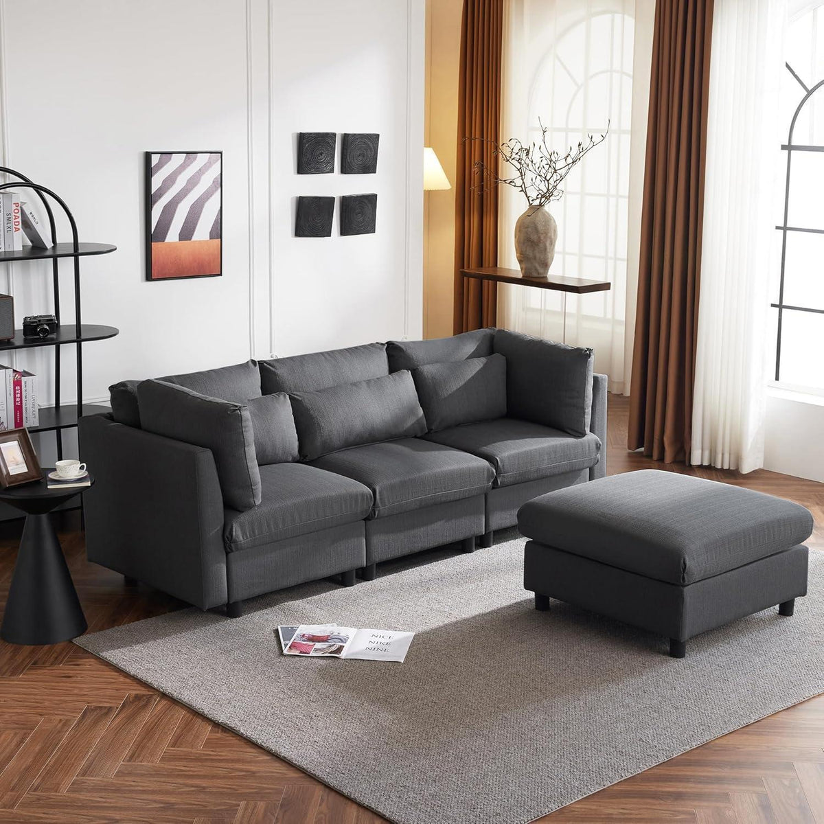 Graues Ecksofa 220cm mit Fußhocker & Lendenkissen