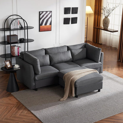 Graues Ecksofa 220cm mit Fußhocker & Lendenkissen