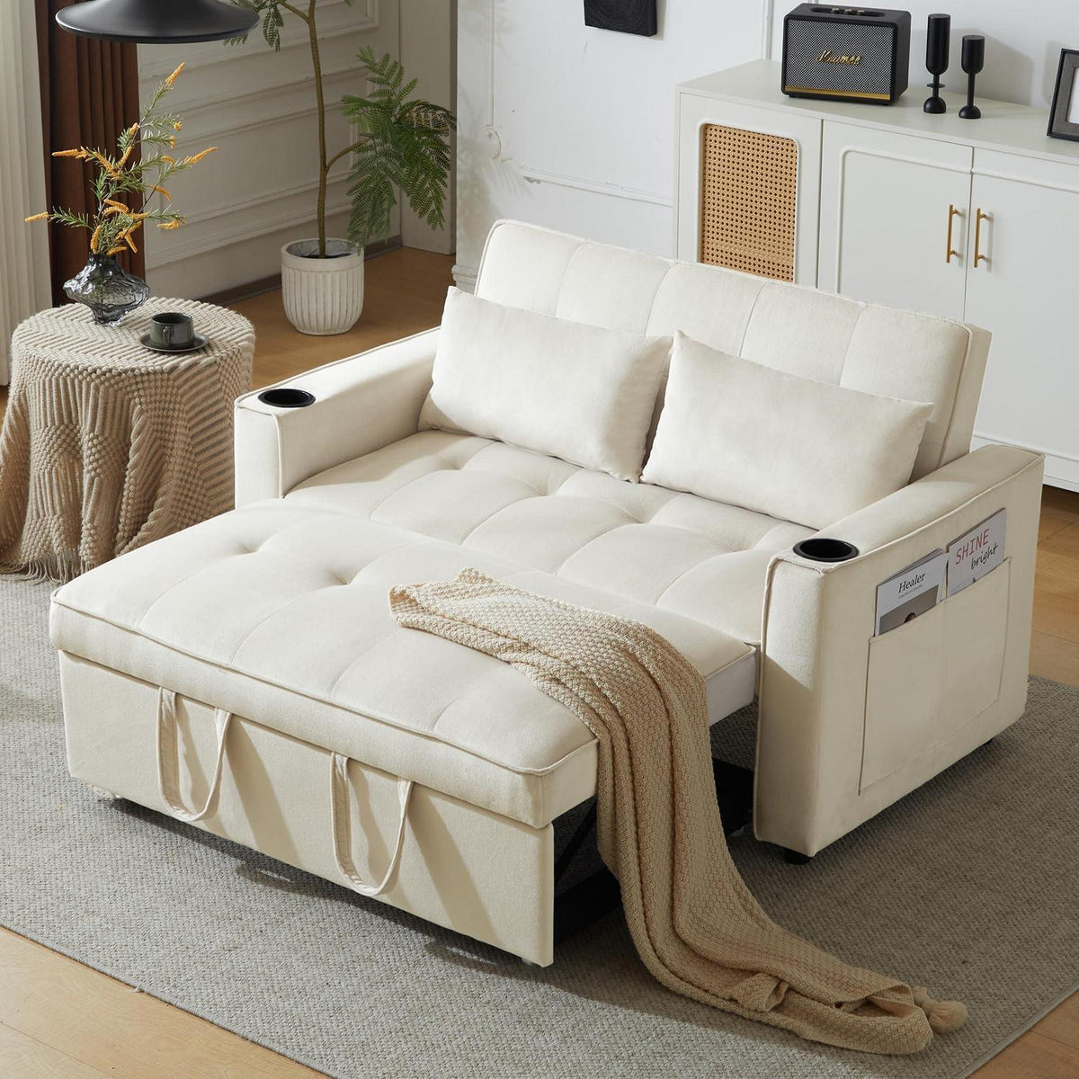 Klappbares Schlafsofa mit Getränkehalter & Kissen – Beige Velvet