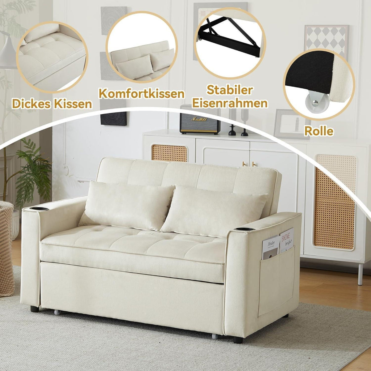 Klappbares Schlafsofa mit Getränkehalter & Kissen – Beige Velvet