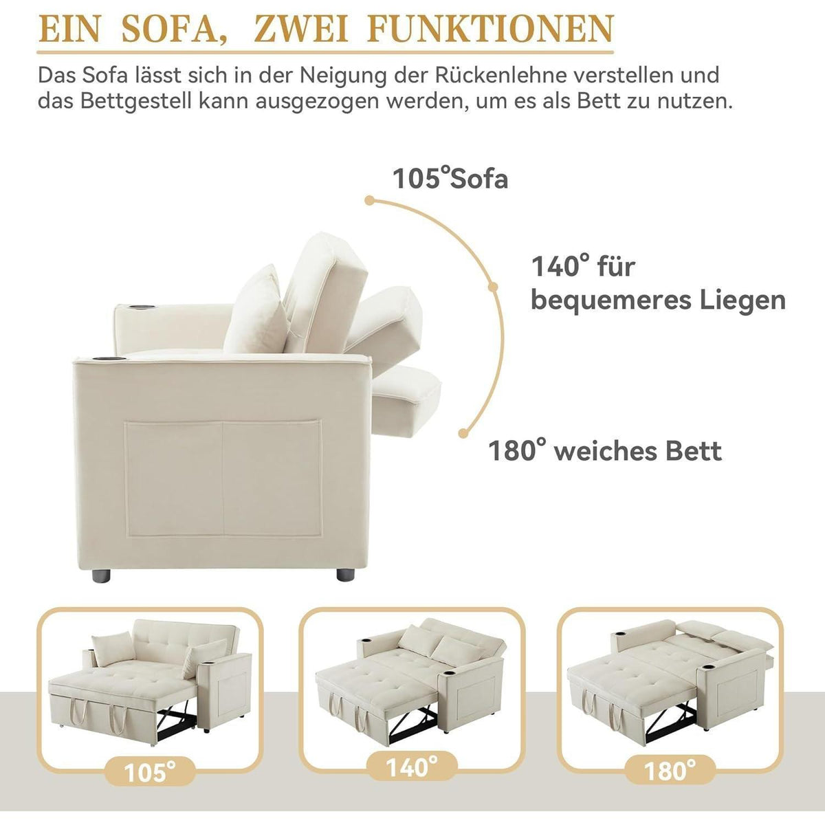 Klappbares Schlafsofa mit Getränkehalter & Kissen – Beige Velvet
