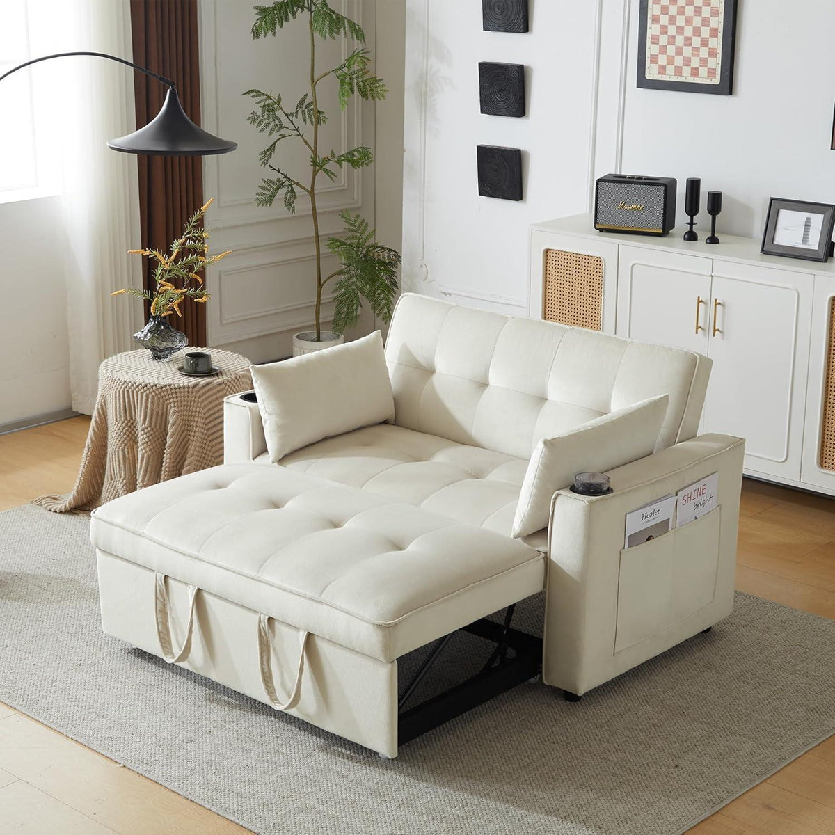 Klappbares Schlafsofa mit Getränkehalter & Kissen – Beige Velvet