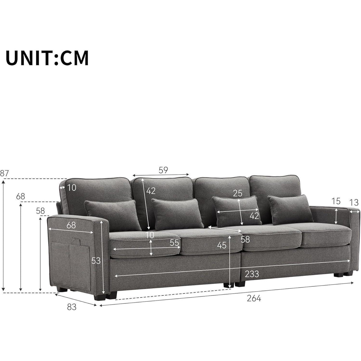 4-Sitzer Sofa Dunkelgrau – XXL Leinen Couch mit Stauraum
