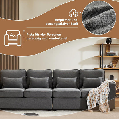 4-Sitzer Sofa Dunkelgrau – XXL Leinen Couch mit Stauraum