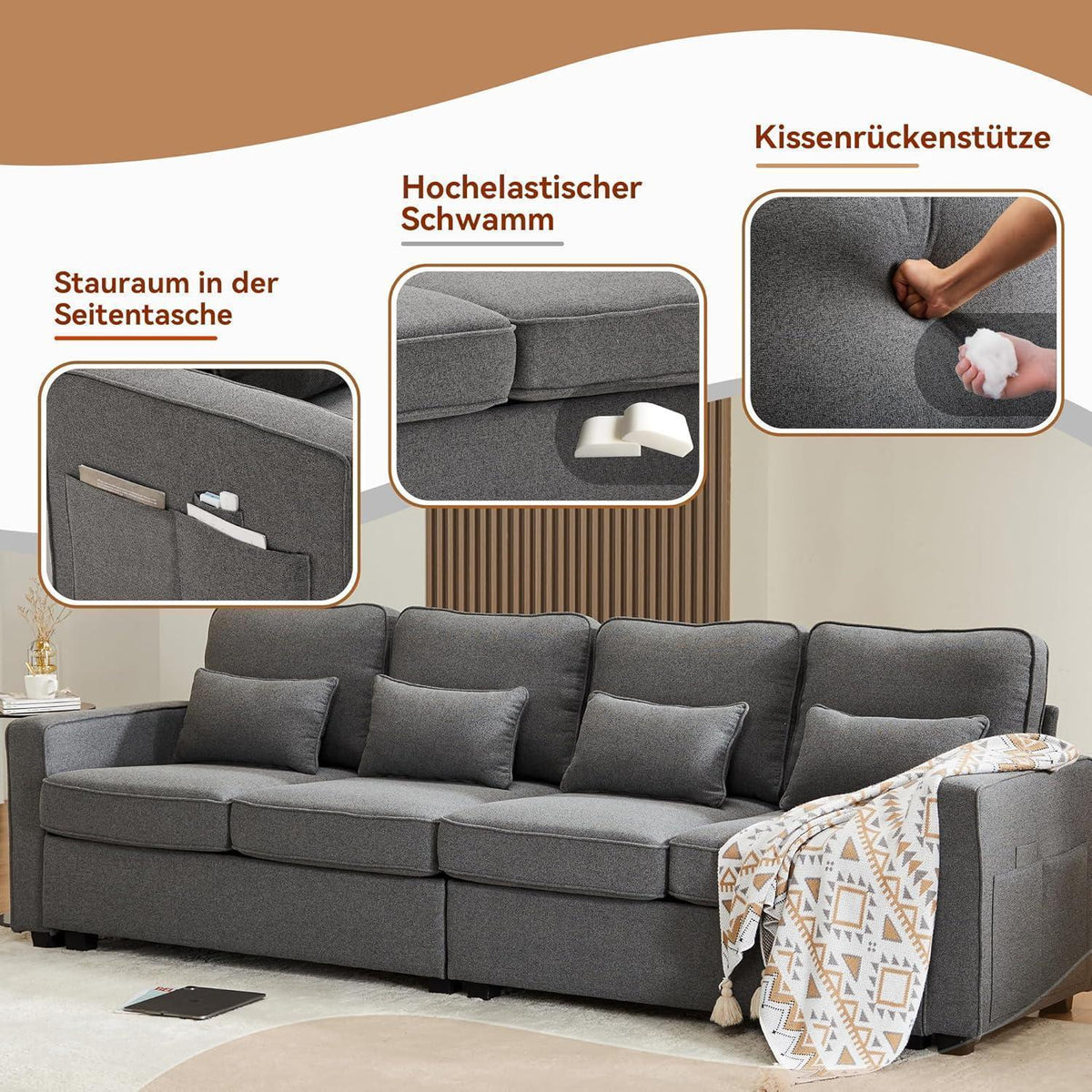 4-Sitzer Sofa Dunkelgrau – XXL Leinen Couch mit Stauraum