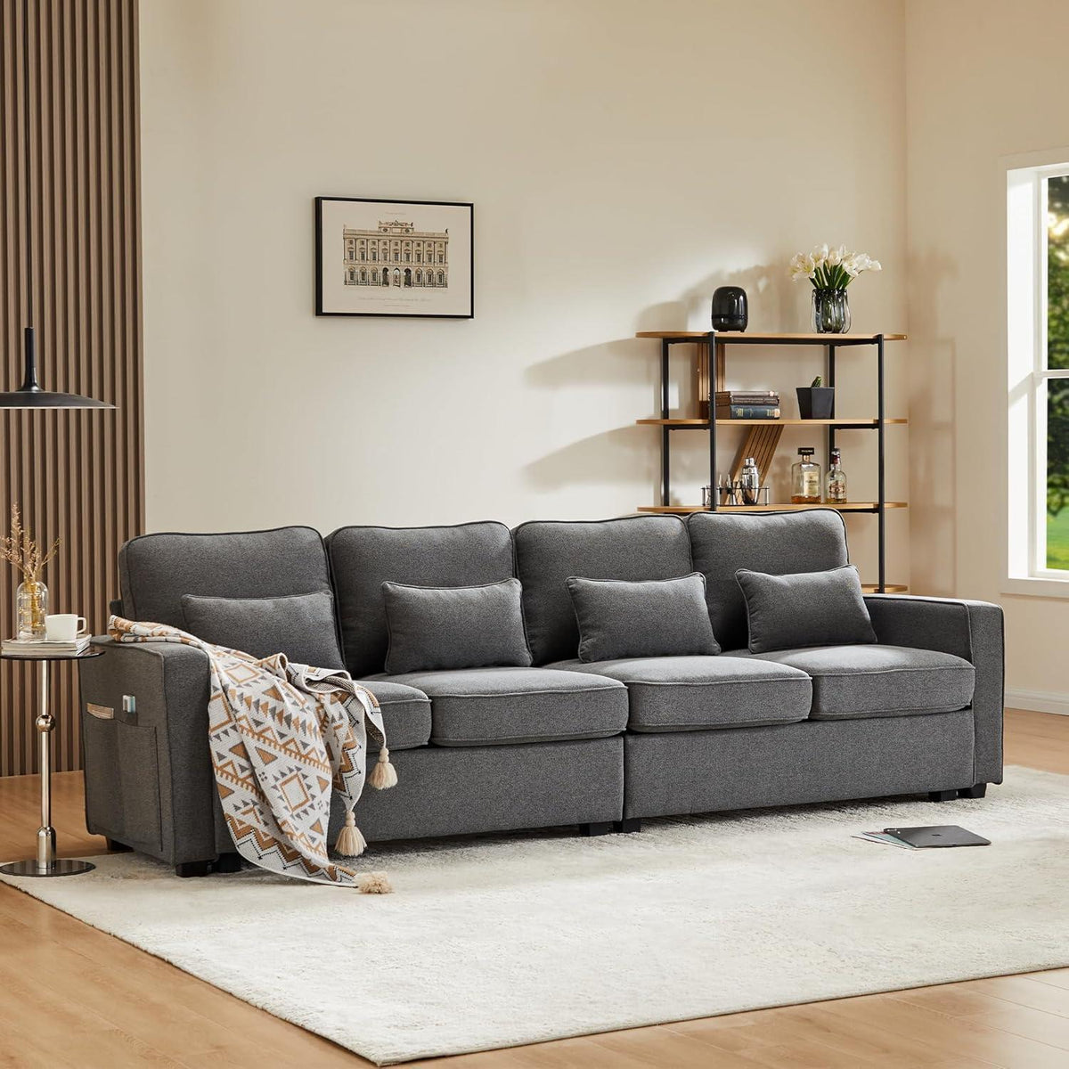 4-Sitzer Sofa Dunkelgrau – XXL Leinen Couch mit Stauraum