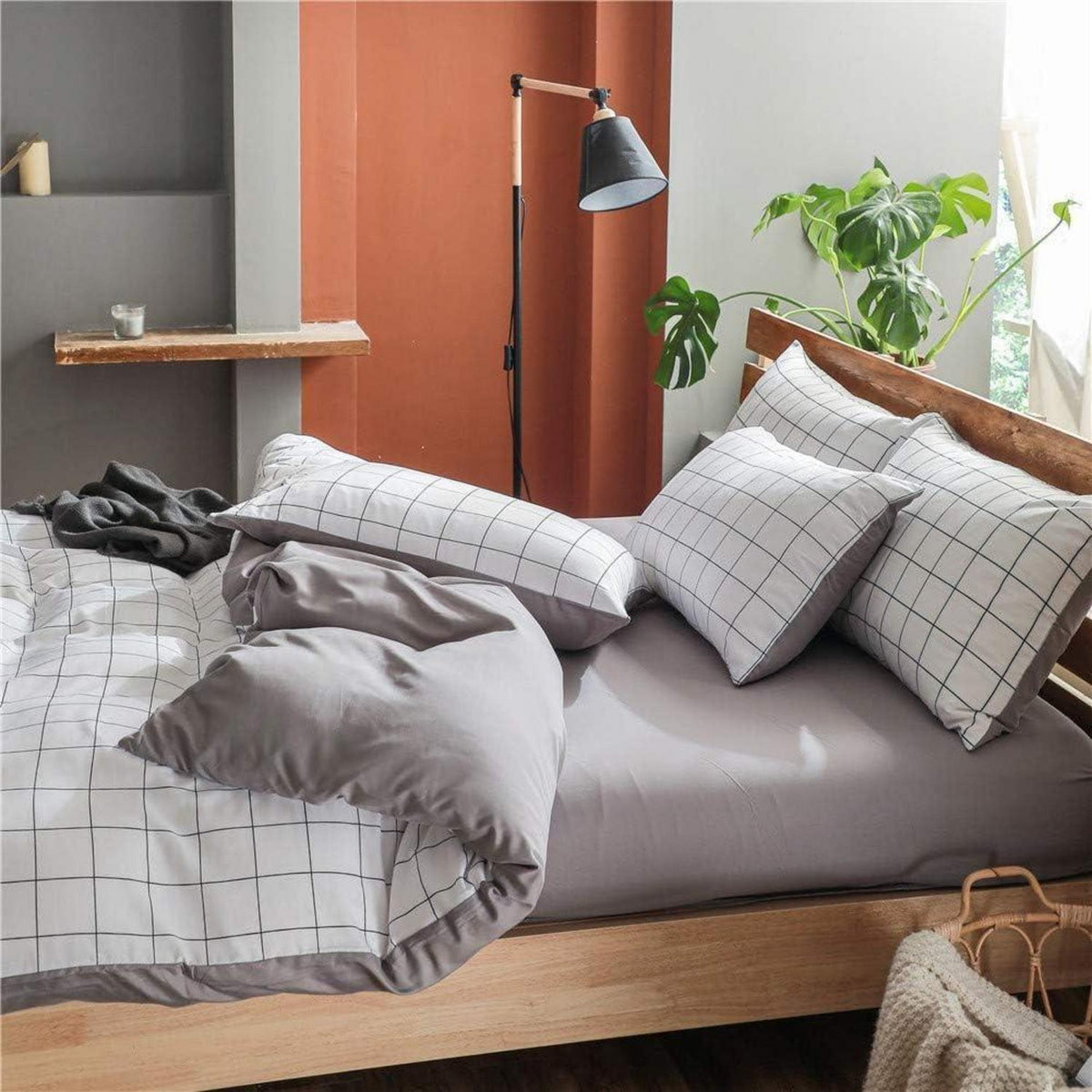 Weiß Kariertes Bettwäsche-Set 200x200cm mit Kissenbezügen