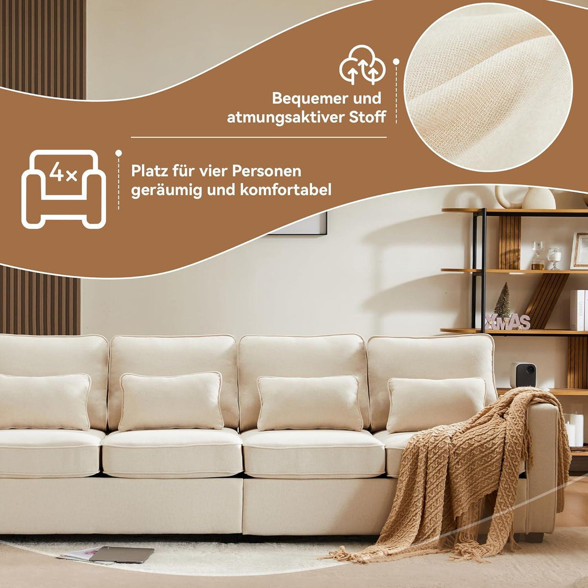 4-Sitzer Sofa XXL – Bequemes Leinenstoff Sofa Beige