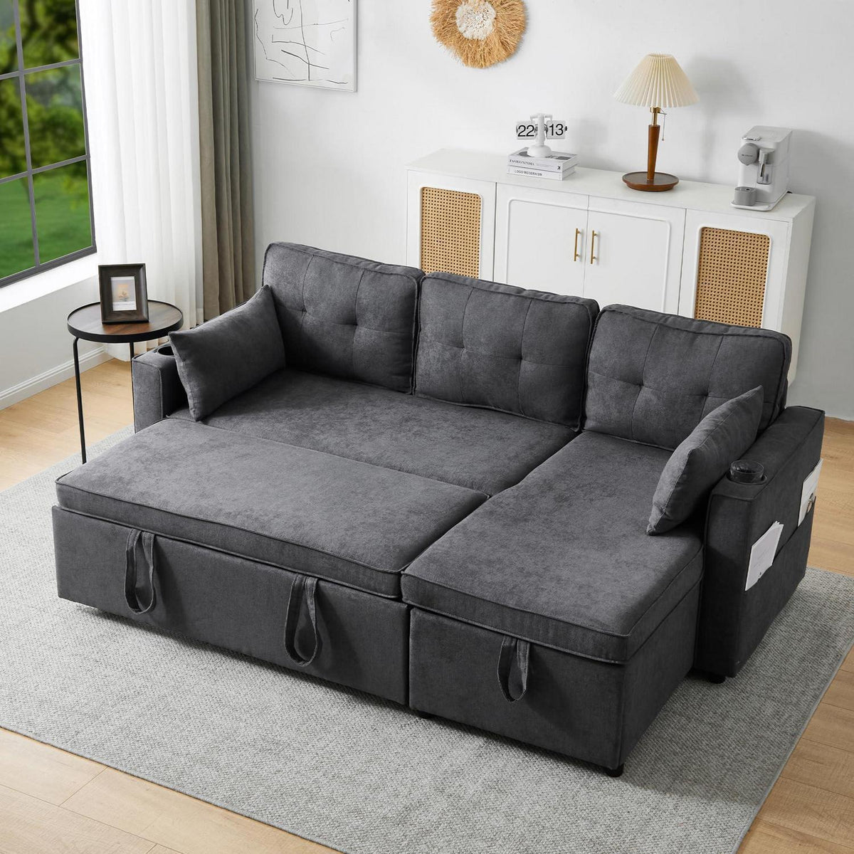 Graues Ecksofa mit Schlaffunktion & Bettkasten
