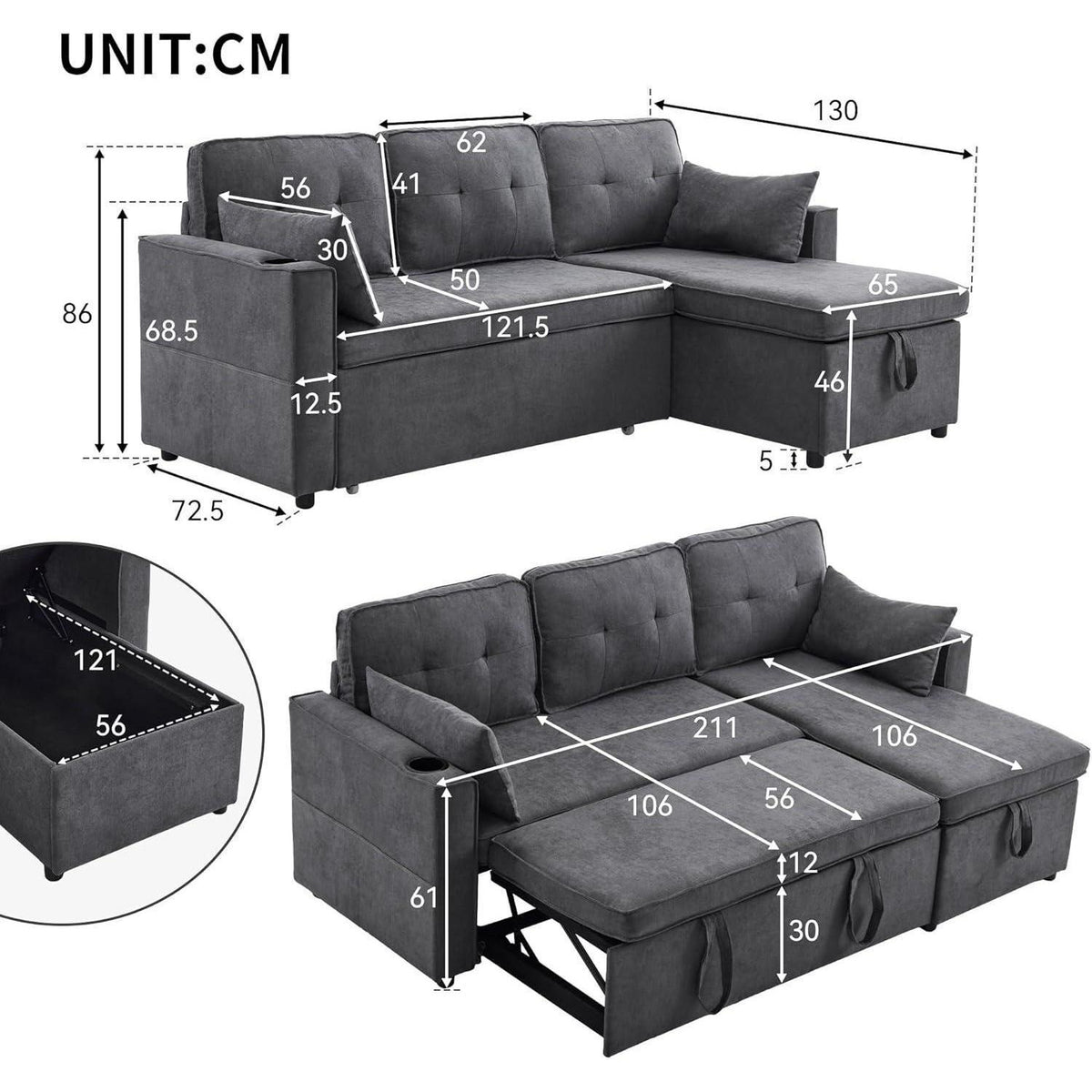 Graues Ecksofa mit Schlaffunktion & Bettkasten