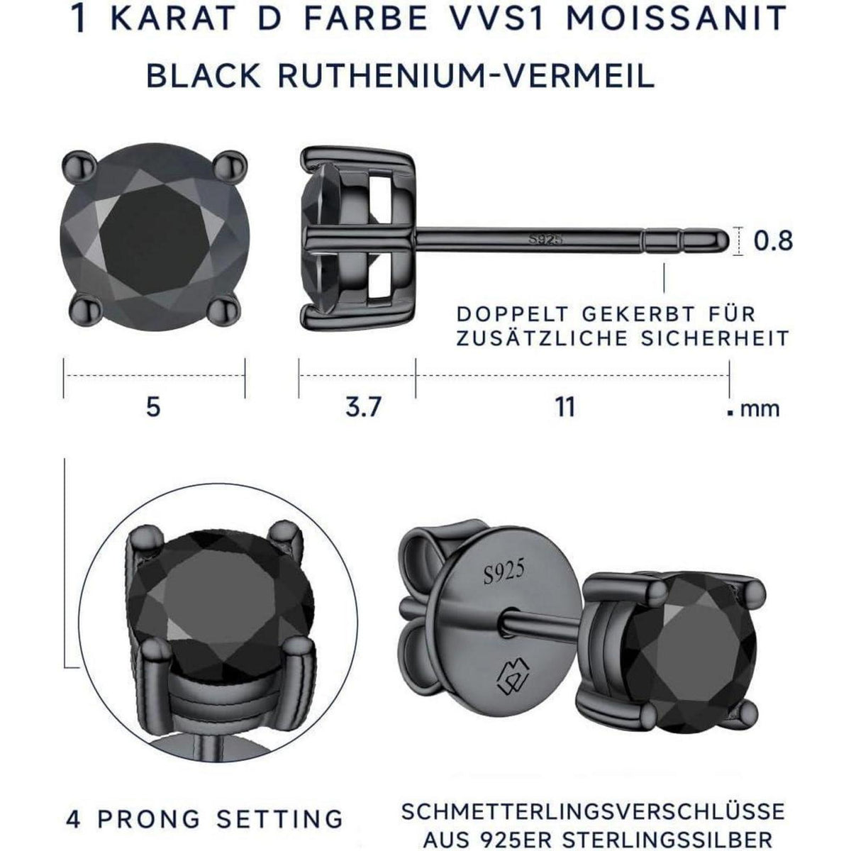 Schwarze Moissanite Ohrstecker 4 Karat 8mm 925 Silber Herren Damen
