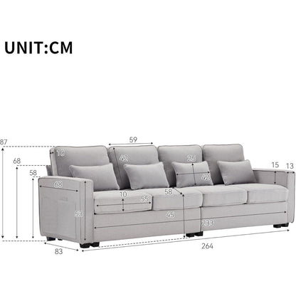 4-Sitzer Sofa Grau – XXL Couch mit Leinenstoff & Seitentaschen