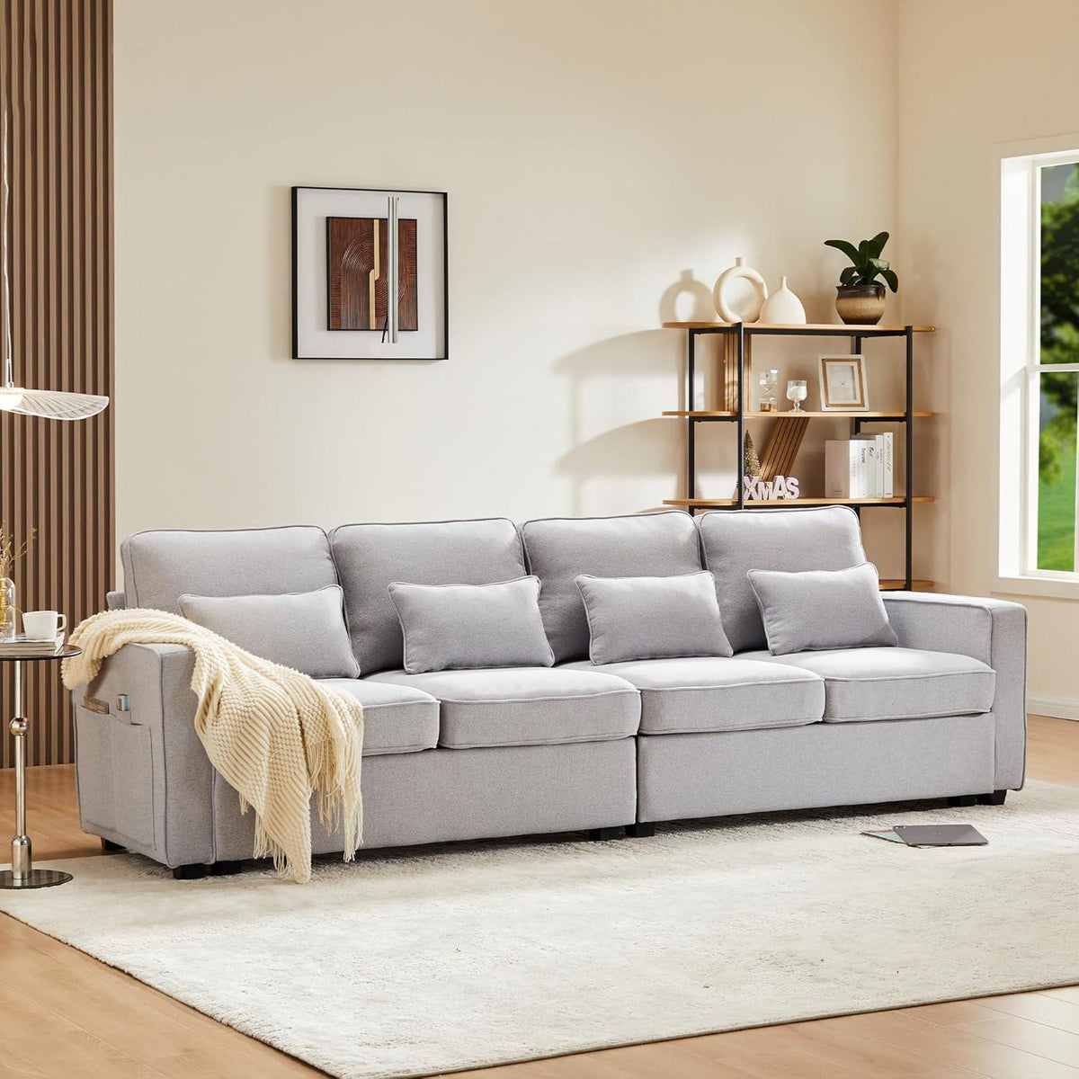 4-Sitzer Sofa Grau – XXL Couch mit Leinenstoff & Seitentaschen