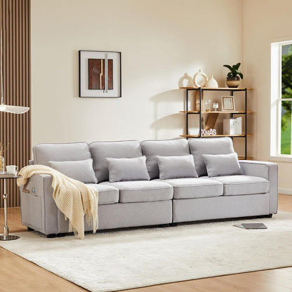 4-Sitzer Sofa Grau – XXL Couch mit Leinenstoff & Seitentaschen