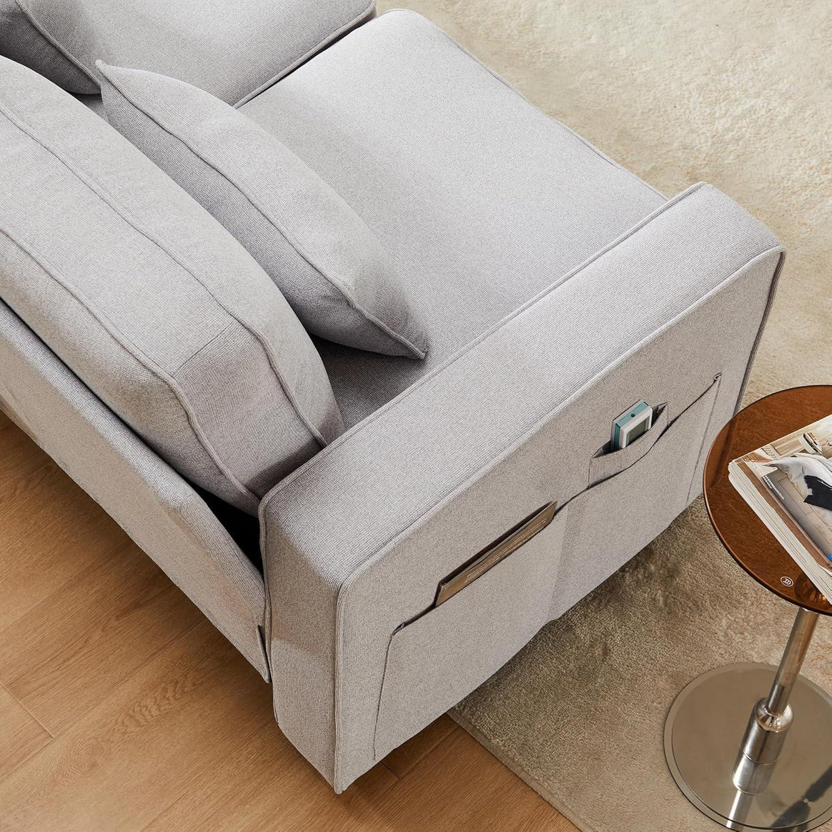 4-Sitzer Sofa Grau – XXL Couch mit Leinenstoff & Seitentaschen