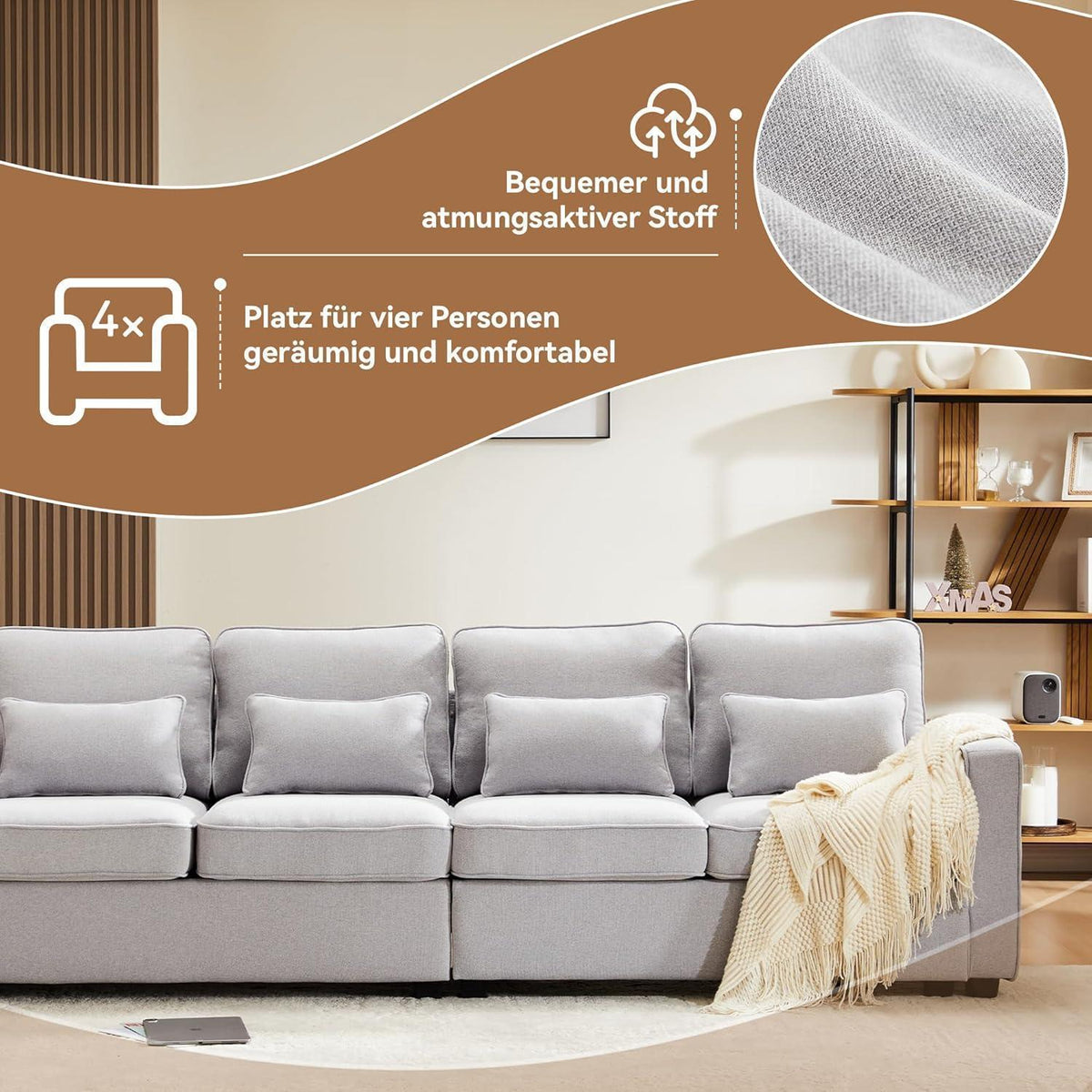 4-Sitzer Sofa Grau – XXL Couch mit Leinenstoff & Seitentaschen