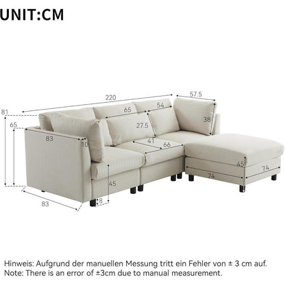 Ecksofa 220cm mit Fußhocker – Bequemes L-Form Sofa in Beige