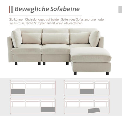 Ecksofa 220cm mit Fußhocker – Bequemes L-Form Sofa in Beige