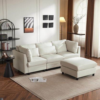 Ecksofa 220cm mit Fußhocker – Bequemes L-Form Sofa in Beige