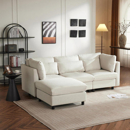 Ecksofa 220cm mit Fußhocker – Bequemes L-Form Sofa in Beige