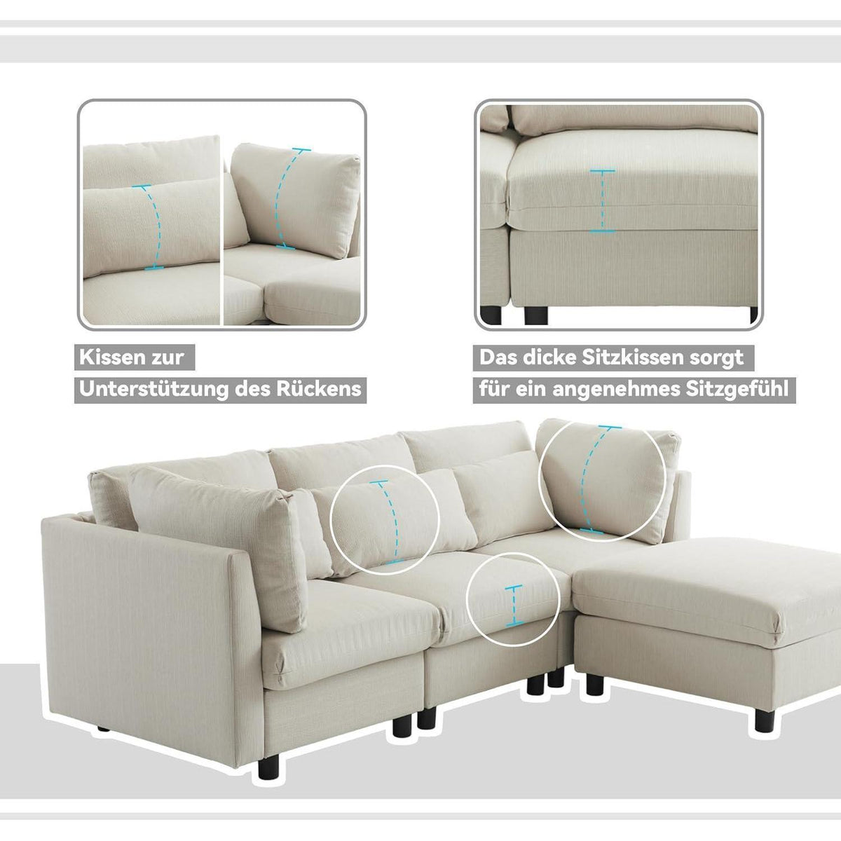 Ecksofa 220cm mit Fußhocker – Bequemes L-Form Sofa in Beige