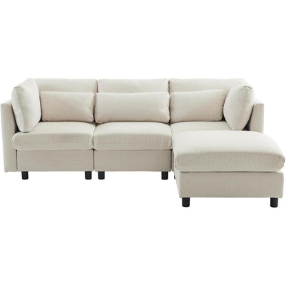 Ecksofa 220cm mit Fußhocker – Bequemes L-Form Sofa in Beige