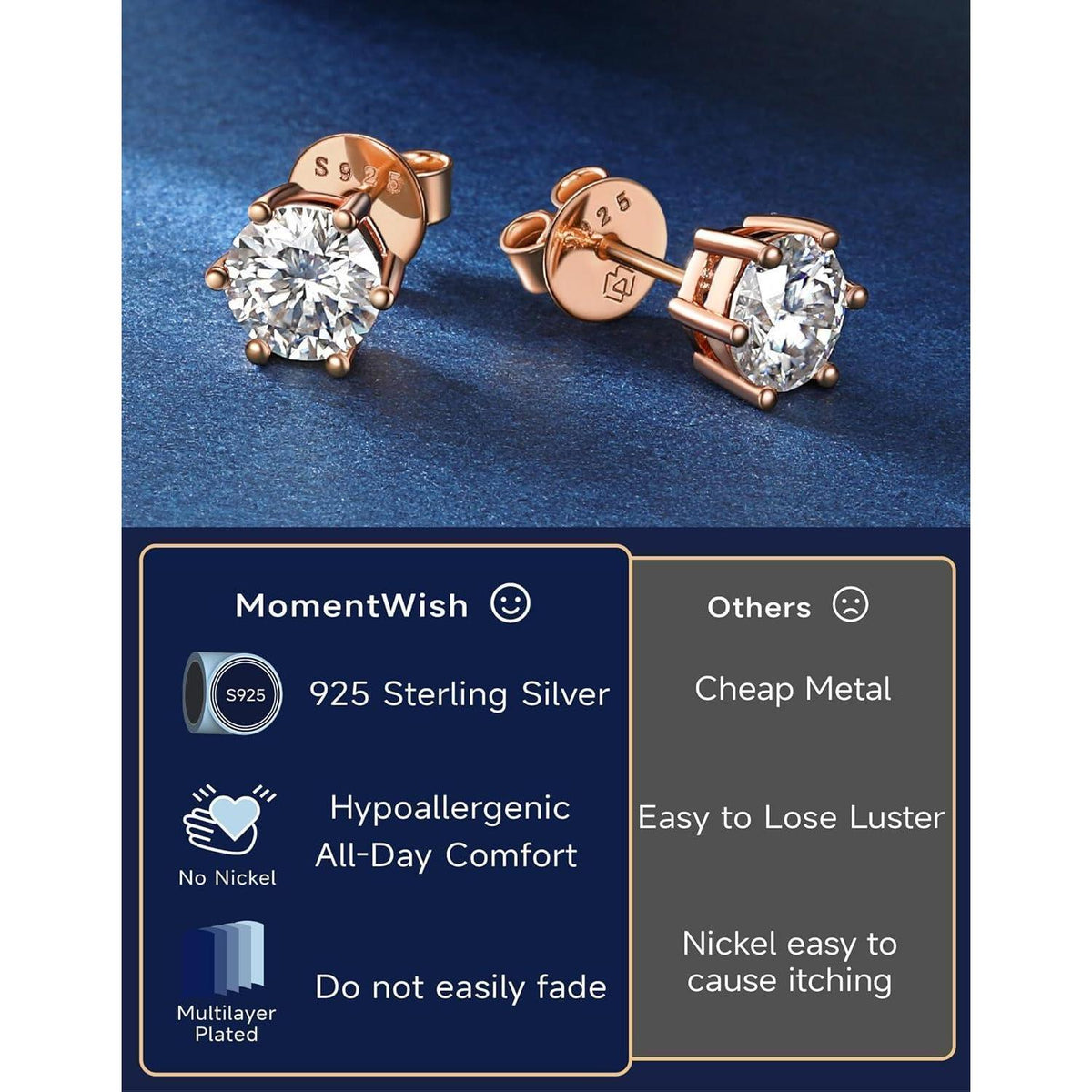 Moissanit Ohrstecker 585 Roségold 3 Karat hypoallergen Geschenk für Frauen