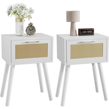 2er Set Rattan Nachttisch mit Magnetschublade, Weiß