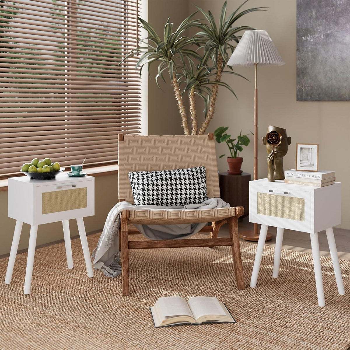 2er Set Rattan Nachttisch mit Magnetschublade, Weiß