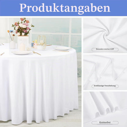 8x Runde Tischdecke Weiß 300cm – Polyester, Knitterfrei