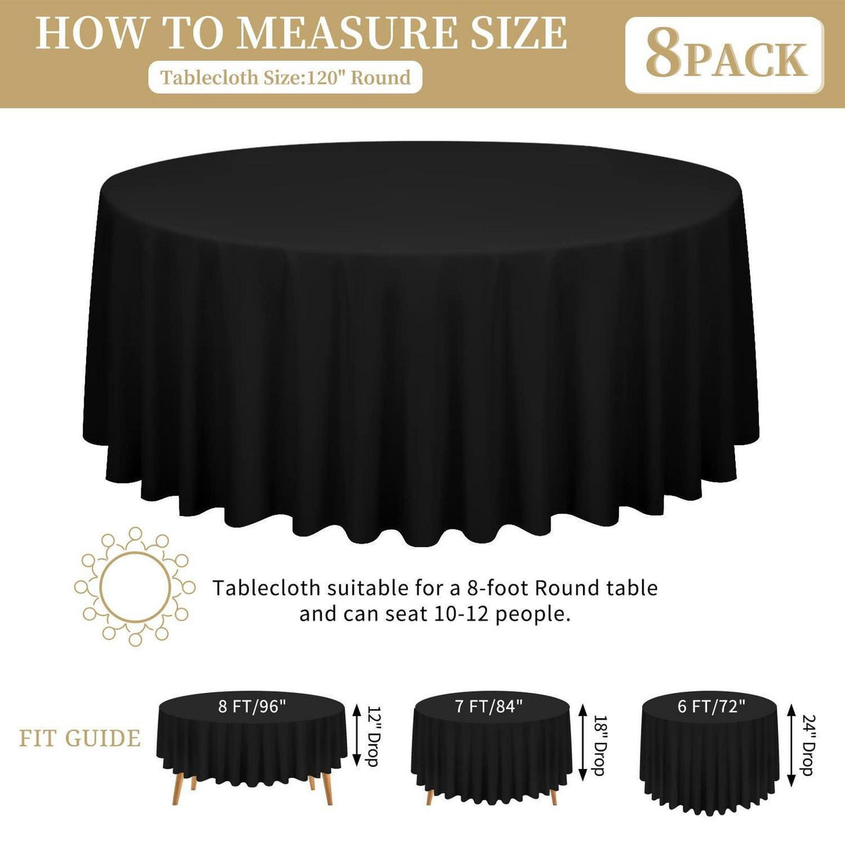 8x Runde Tischdecke Schwarz 300cm – Polyester, Knitterfrei