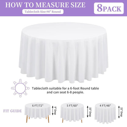 8x Runde Tischdecke Weiß 229 cm – Polyester, Knitterfrei