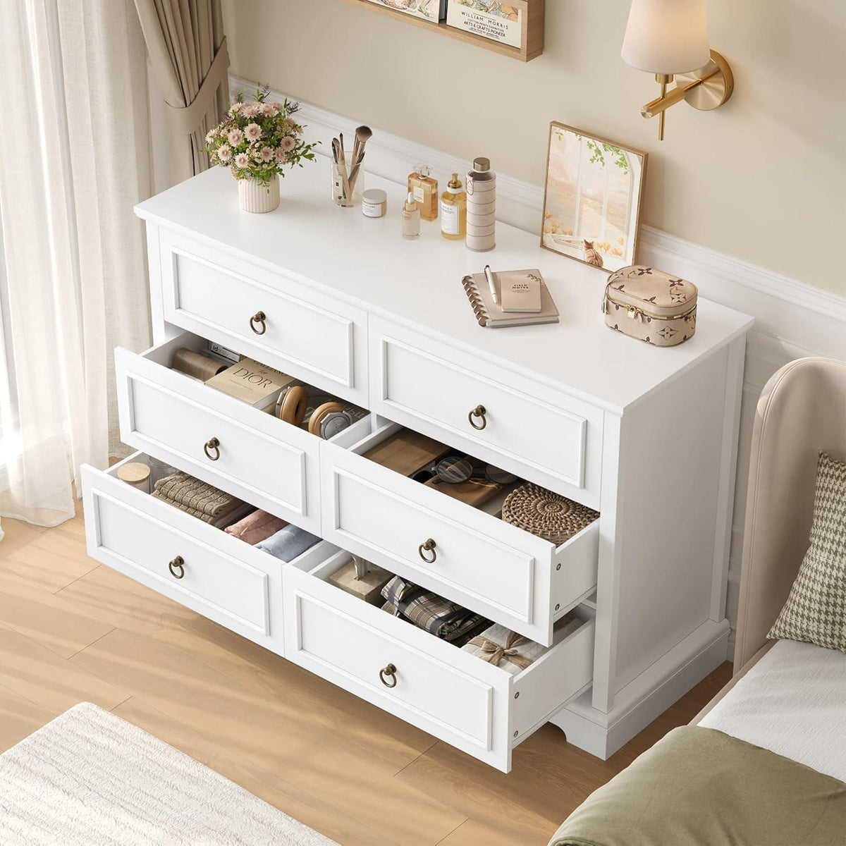 Kommode 6 Schubladen Weiß | 120cm Schubladenschrank für Schlafzimmer