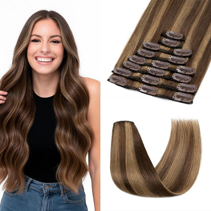 Clip-in Haarverlängerung Echthaar 50cm Mittelbraun/Dunkelblond
