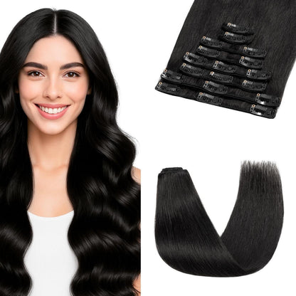 Clip-in Haarverlängerung Echthaar Schwarz 45cm - 8 Wefts