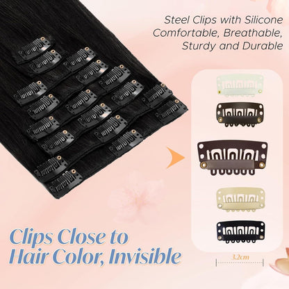 Clip-in Haarverlängerung Echthaar Schwarz 45cm - 8 Wefts