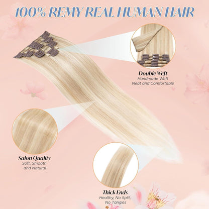 Echthaar Clip-Ins Ascheblond/Blond 40cm - Remy Haarverlängerung