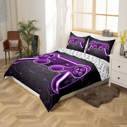 Gamer Bettwäsche Set 135x200cm – Lila Schwarz Geometrisch