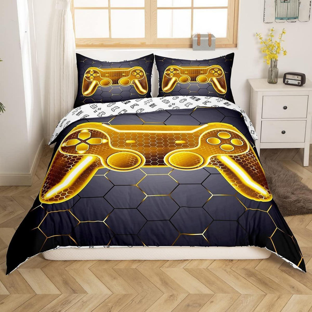 Gamer Bettwäsche Set 220x240cm - Gelb Schwarz Gaming Design