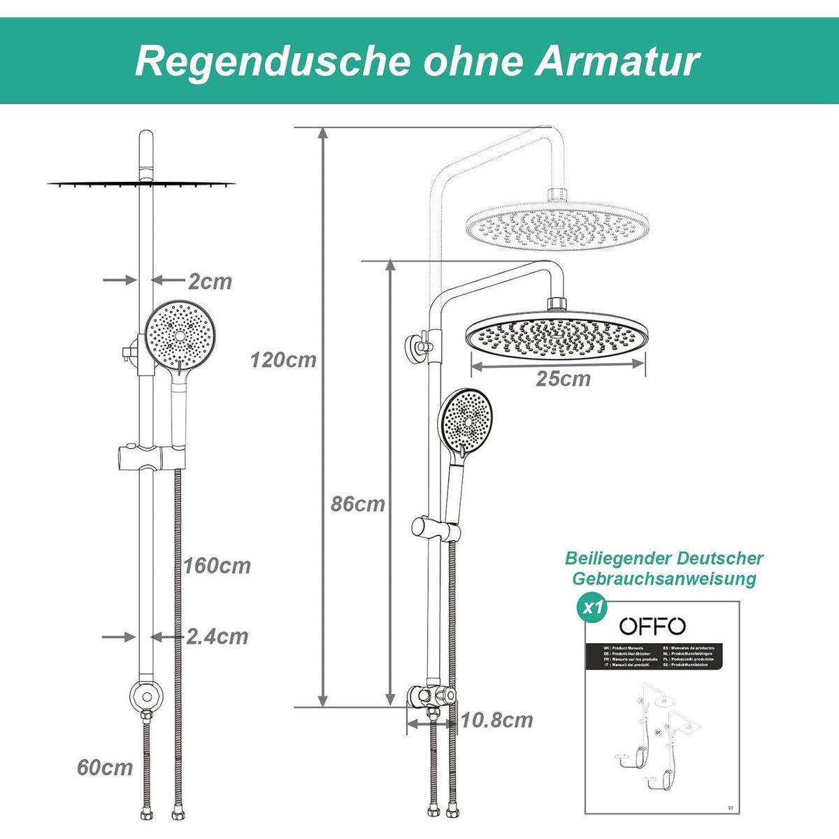 Regendusche Duschsystem Chrome, Höhenverstellbar & Handbrause