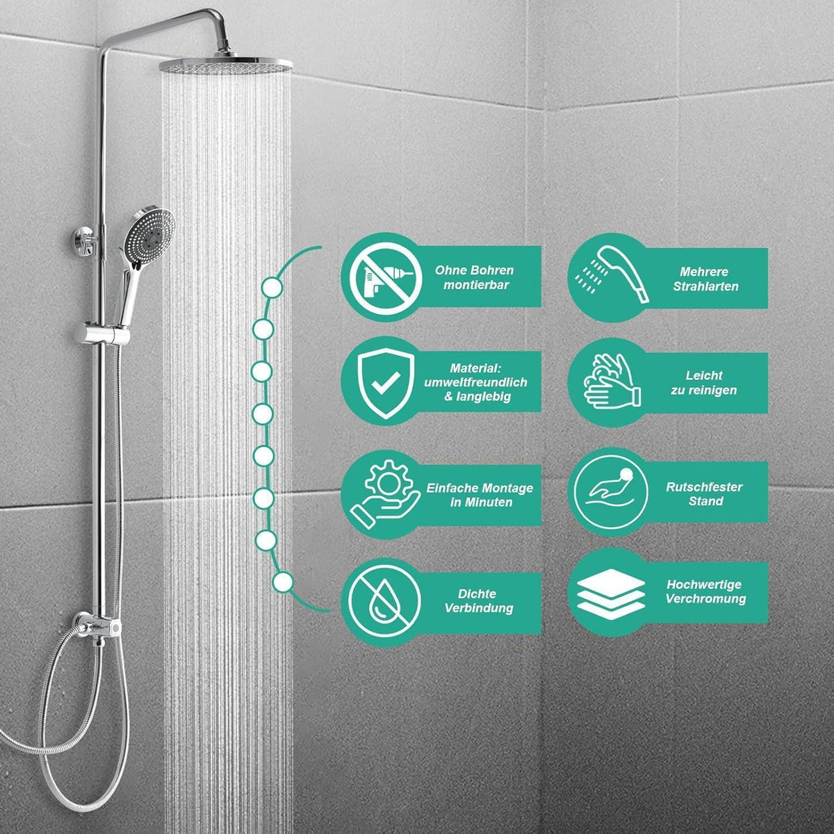 Regendusche Duschsystem Chrome, Höhenverstellbar & Handbrause