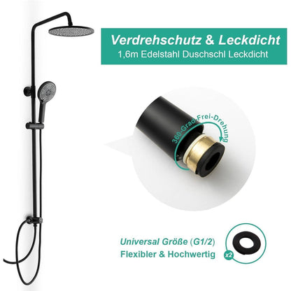 Rundes Duschsystem Schwarz – Höhenverstellbar & 6 Strahlarten