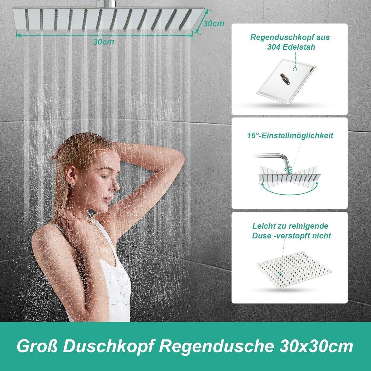 Eckige Regendusche 30x30cm Edelstahl Duschsystem höhenverstellbar