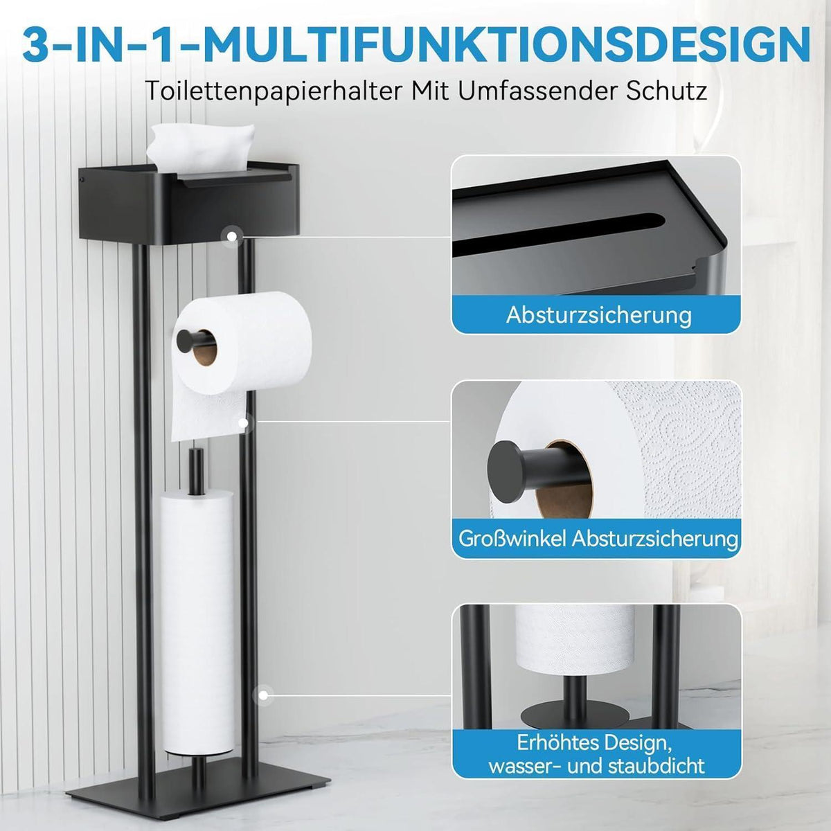 Stehender Toilettenpapierhalter mit Ablage, 4 Rollen, Schwarz Matt