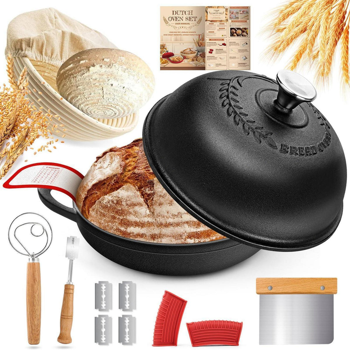 Gusseisen Brotbacktopf Set 5.7L mit Gärkorb & Zubehör