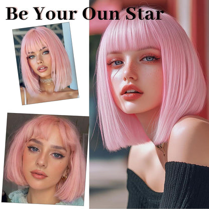 Pinker Bob mit Pony – Kurze Blonde Damen Perücke Schulterlang