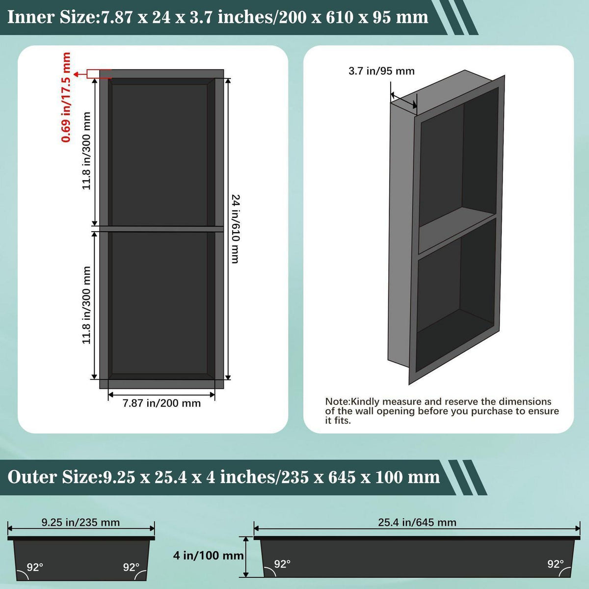Edelstahl Duschnische Schwarz 20x60x10cm – Wandnische für Badezimmer