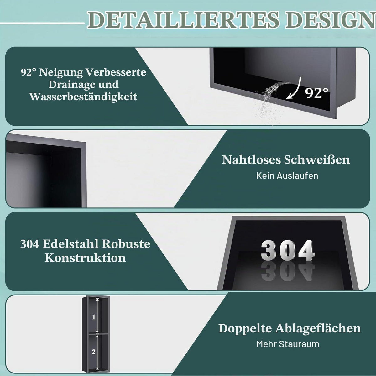 Edelstahl Duschnische Schwarz 20x60x10cm – Wandnische für Badezimmer